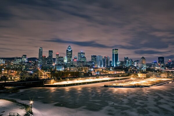 Night city on the ocean