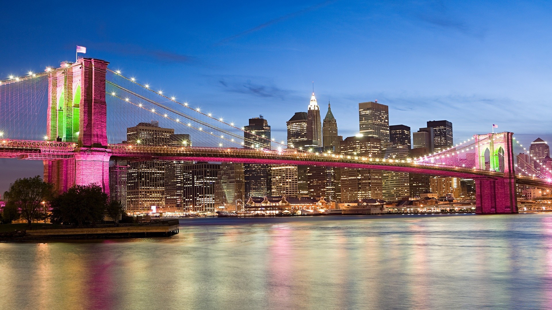 страны архитектура Бруклинский мост река ночь США Нью-Йорк загрузить