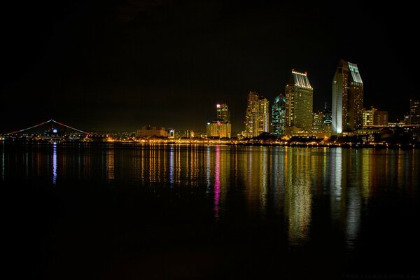 أضواء المدينة الليلية تنعكس في الماء