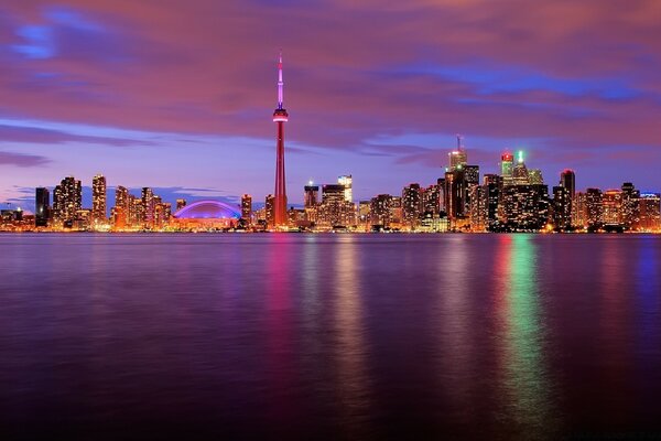 Multicolored lights of the metropolis reflected in the water