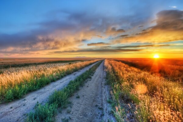 Camminando nel campo sulla strada dietro il tramonto