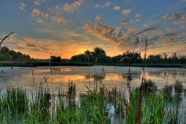 Coucher de soleil sur un lac tranquille