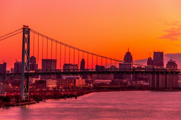 American bridge at sunset over the water