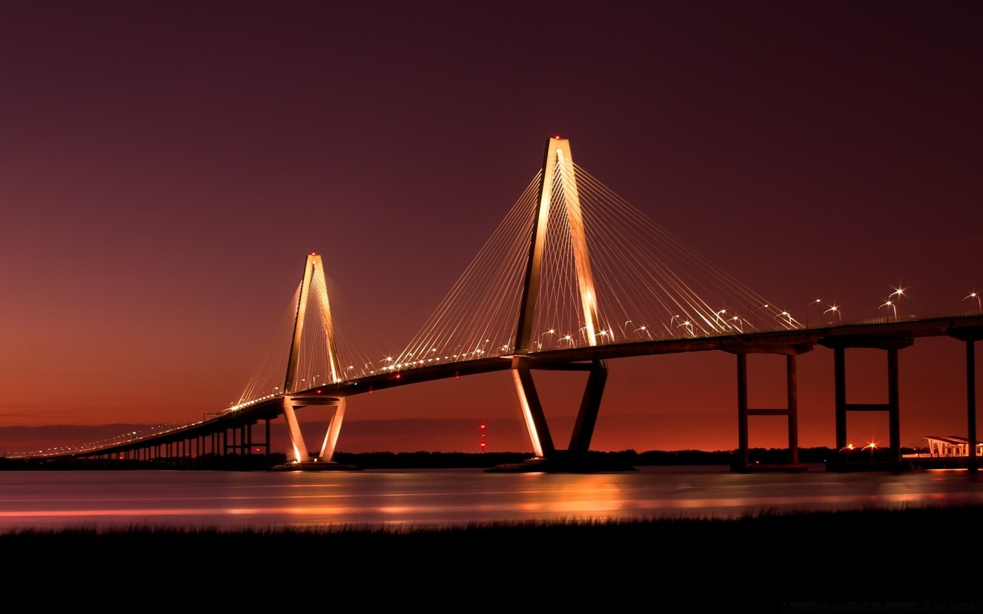 amérique pont coucher de soleil eau ciel architecture système de transport voyage soir ville crépuscule connexion pont suspendu rivière trafic suspension voiture réflexion lumière