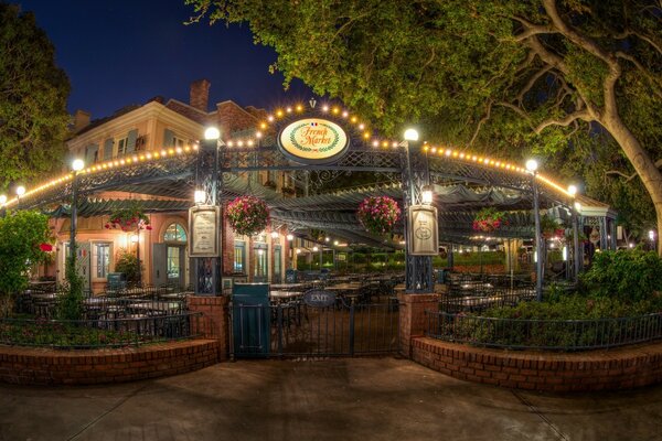 Night restaurant illuminated by lights