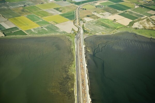 Road among fields top view