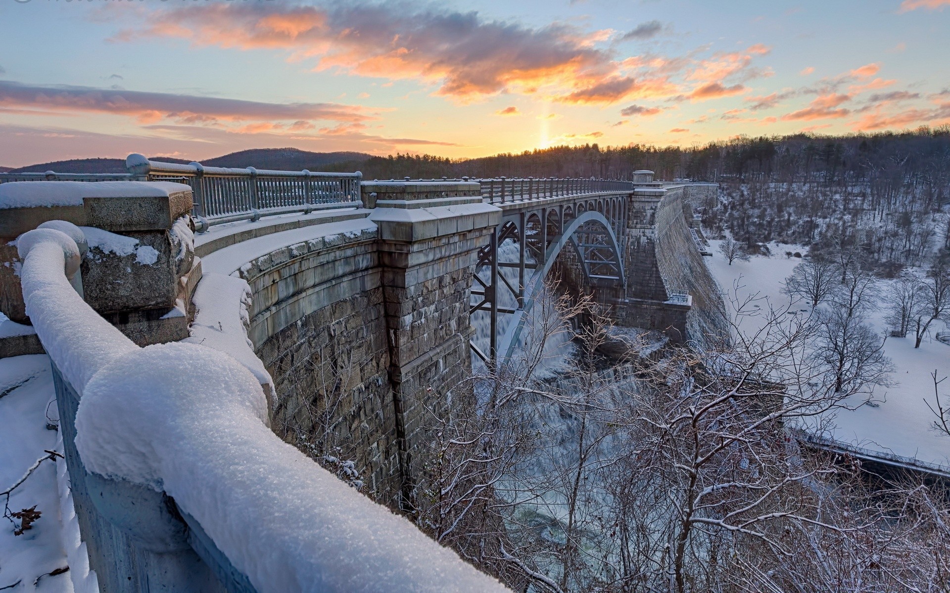 amerika winter schnee kälte eis gefroren frost landschaft wasser brücke fluss baum im freien wetter himmel natur reisen park see