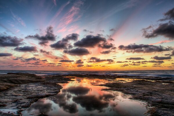 The beautiful sky is reflected in the water