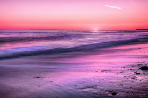 Sandy beach and pink sunset