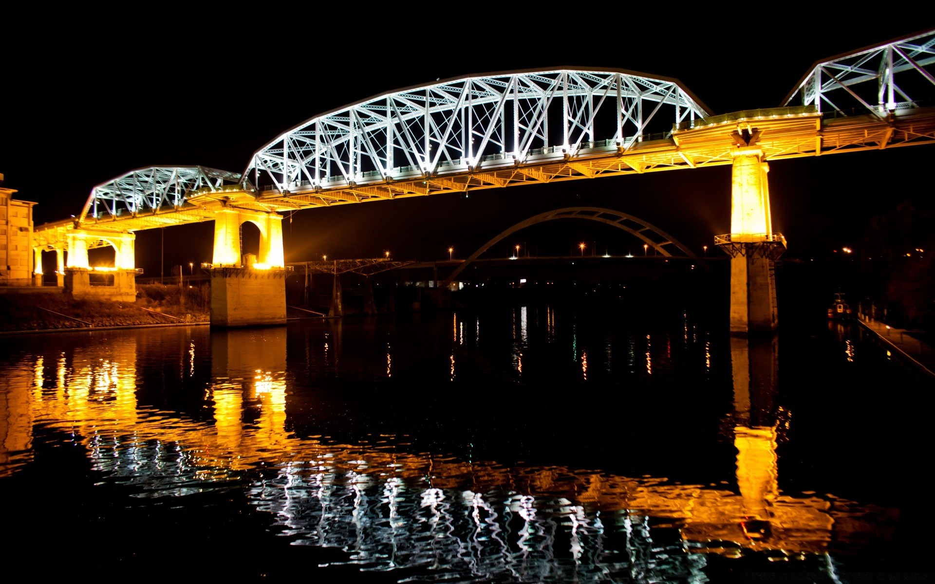 america travel water architecture bridge outdoors city light reflection transportation system evening illuminated building dusk