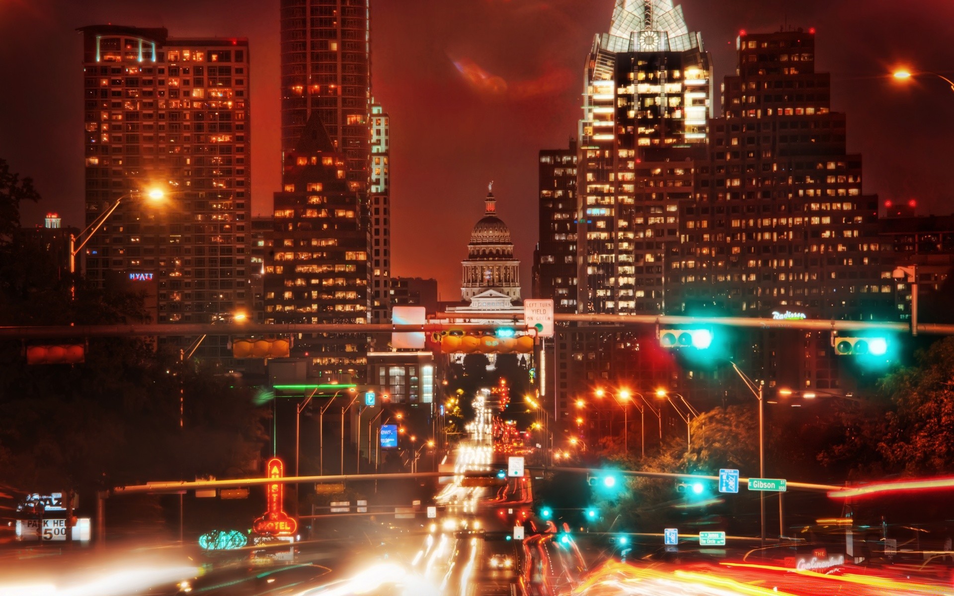 america traffic evening illuminated dusk city blur downtown road highway architecture travel skyscraper building bridge transportation system car urban cityscape light business