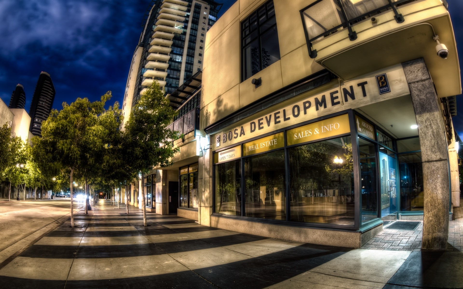 america street architecture city travel downtown urban business road pavement modern outdoors building light illuminated