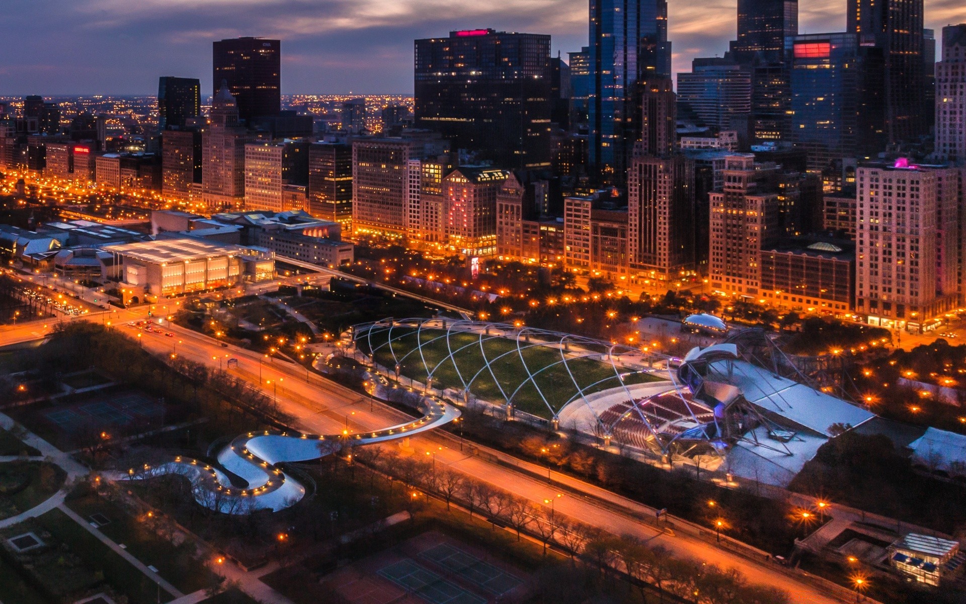 america city skyscraper cityscape dusk evening building architecture travel skyline downtown traffic business road urban bridge office highway river water