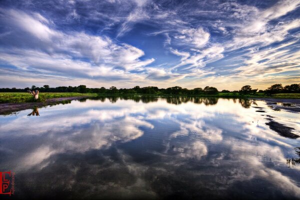 Grasbewachsene Küste und ein See mit reflektierendem bewölktem Himmel