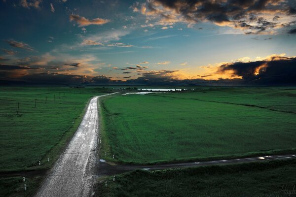 Un largo camino en el amanecer de verano