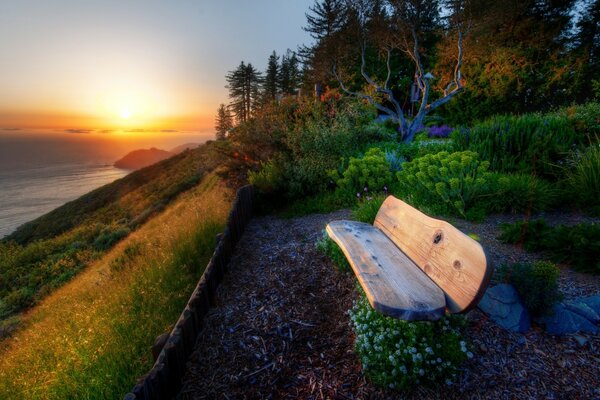 Banc solitaire au coucher du soleil près de l eau