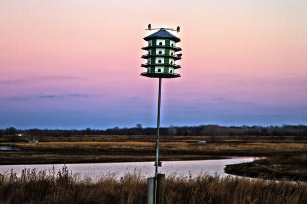 Vogelhaus vor dem Hintergrund des purpurroten Sonnenuntergangs