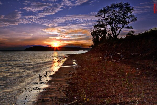 Sunset on the shore of the reservoir