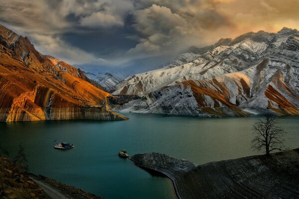 A lake among snow-capped mountain peaks