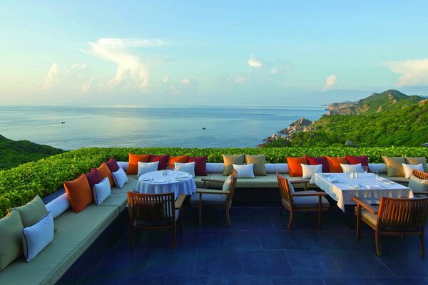 The veranda of the restaurant with a magnificent view of the sea