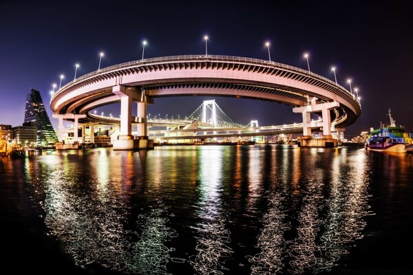 Rounded bridge with evening lighting