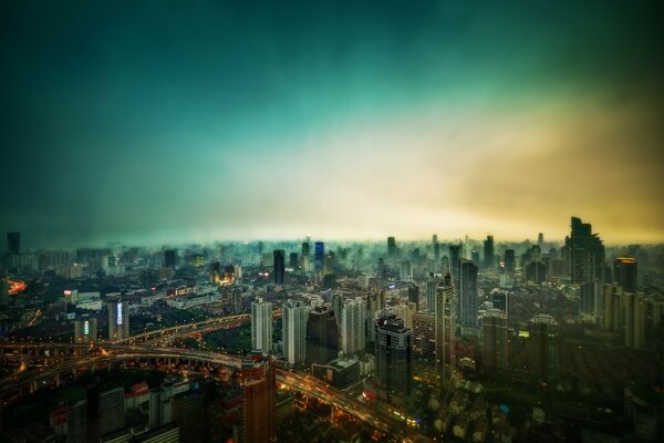 Metropolis in the haze of early morning