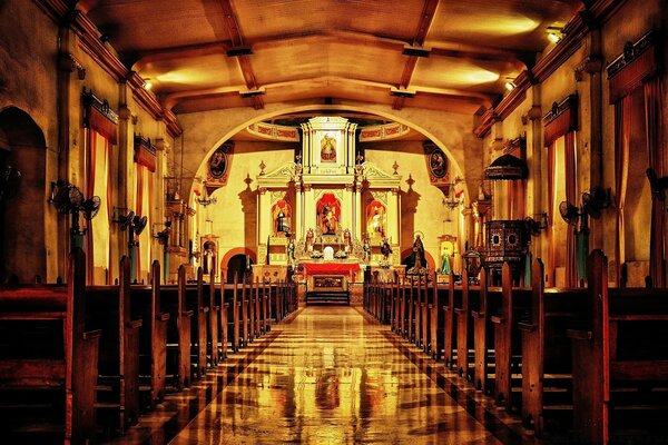 Inside the church decoration benches and altar