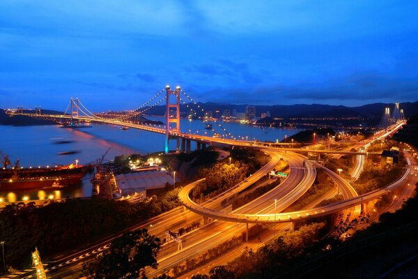 Evening free flyover with a bridge