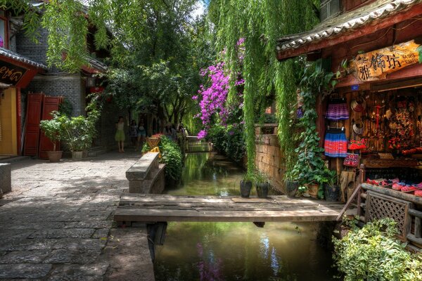 A bridge over a narrow stream in Asia