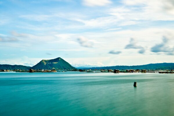 The sky is reflected in the turquoise water