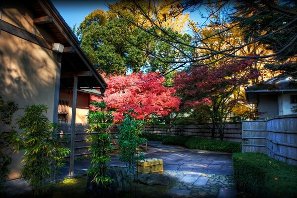 Asiatische Häuser in der Herbstlandschaft