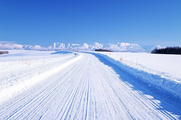 白雪复盖的道路伸向远方