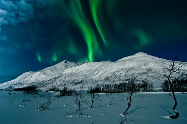 Aurora boreal sobre montañas cubiertas de nieve