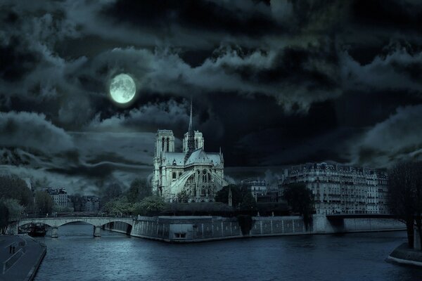 A gloomy picture of the castle against the background of the dark sky and the moon