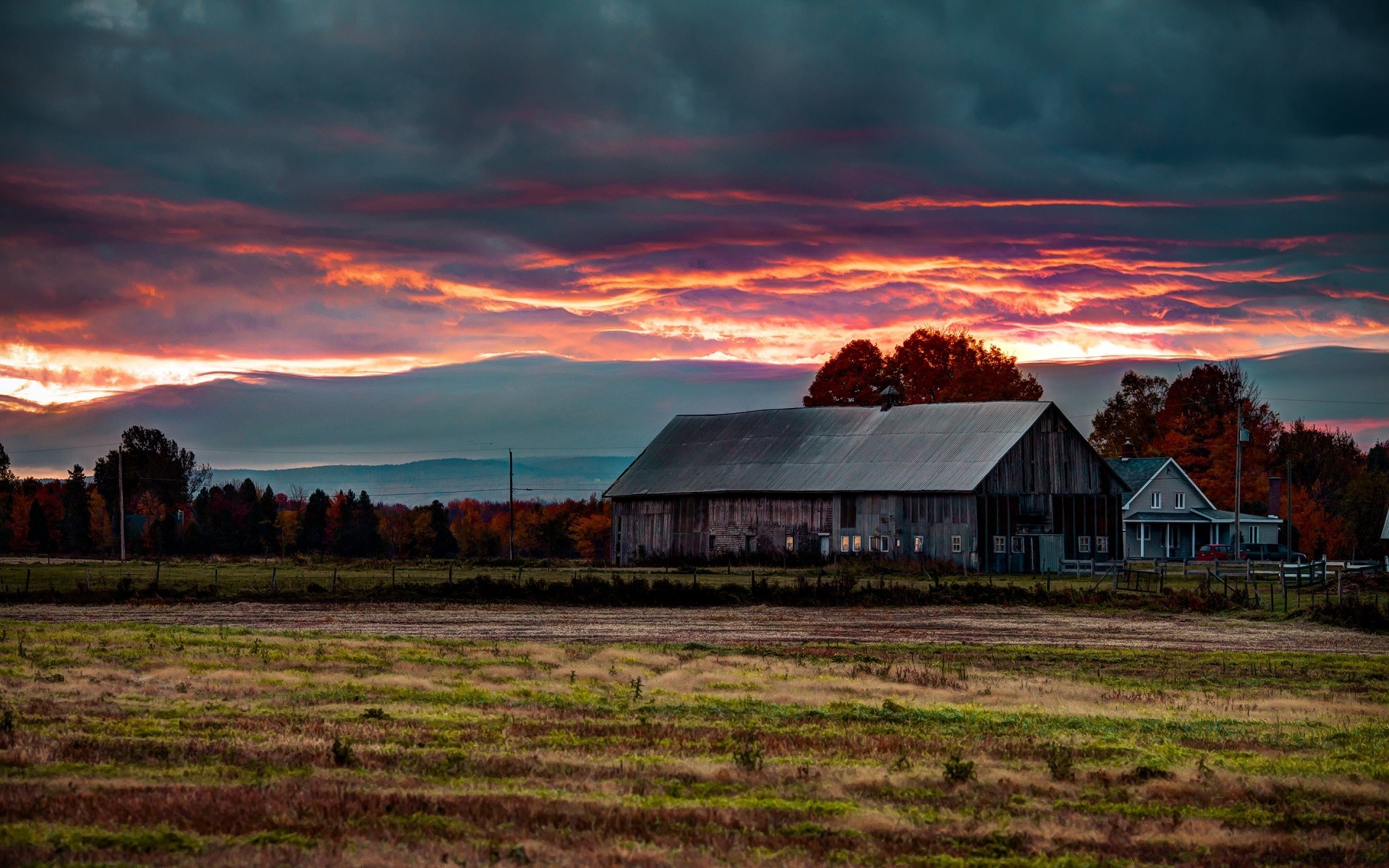 landscapes barn farm landscape sky wood house rural agriculture sunset nature tree grass outdoors country