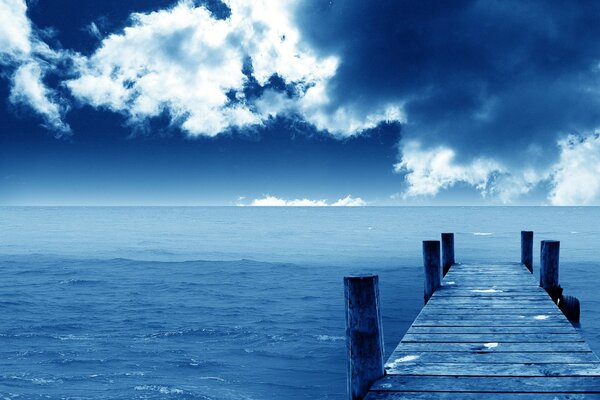 Blue landscape with sea and marina