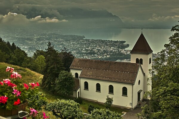 A small church on the mountainside among the trees