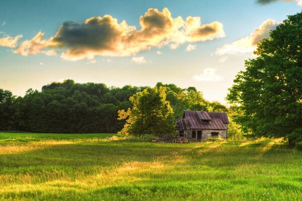 Sunny morning in a village with a lonely house