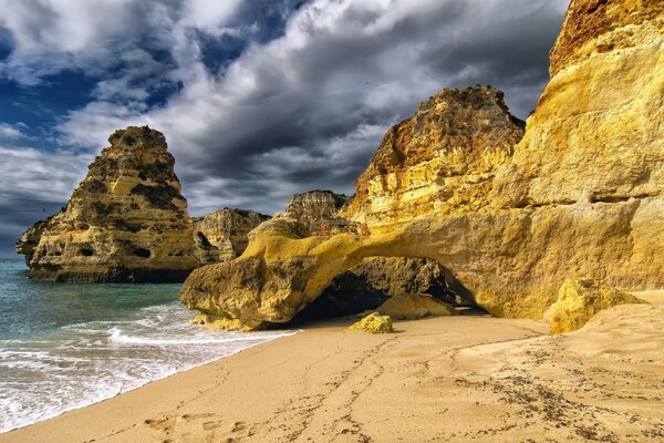 Charming beach on the background of the bay