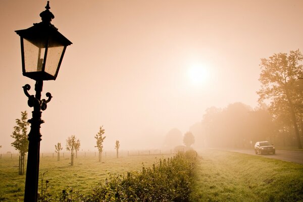 European fog and cold sunset