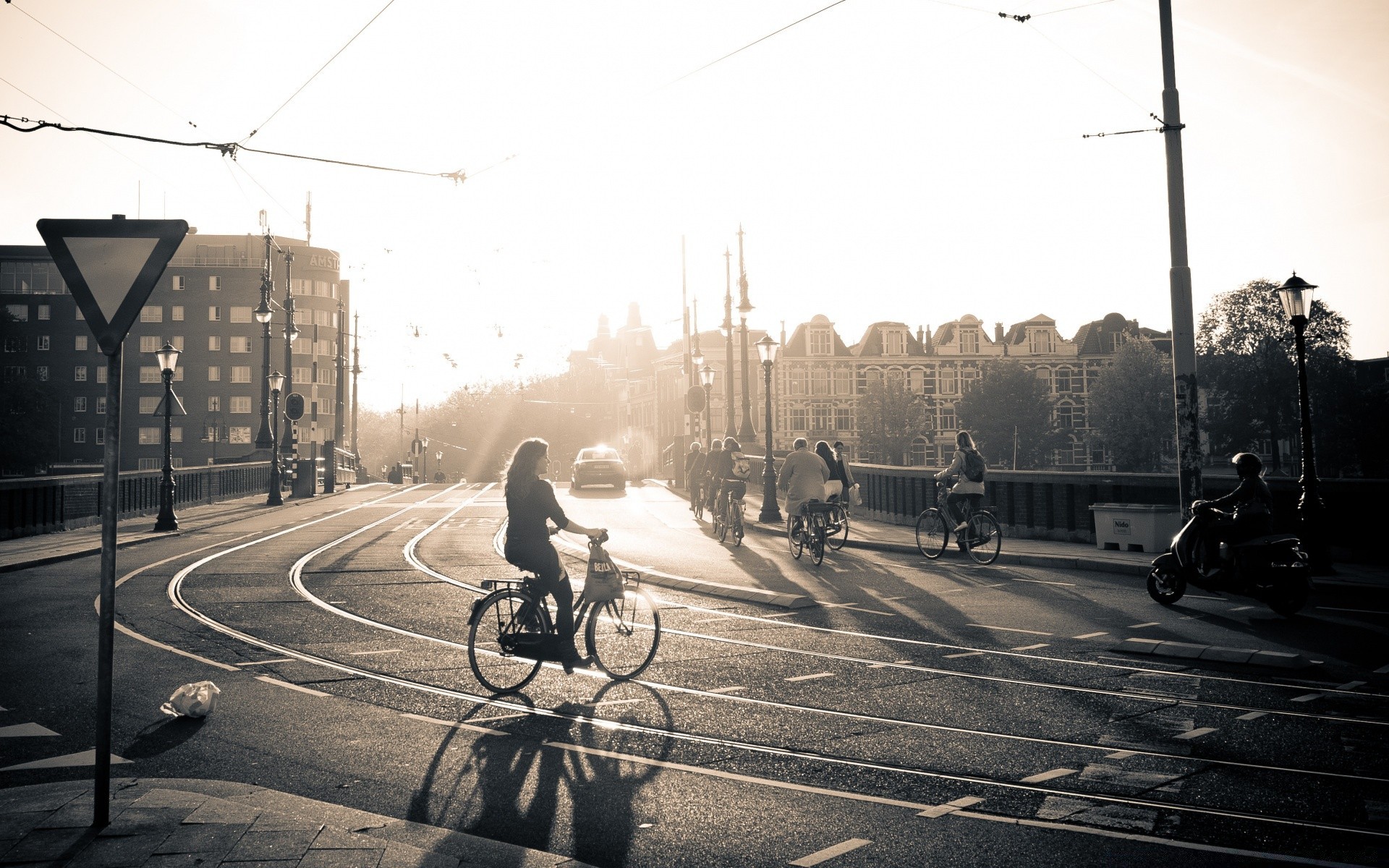 europe street road transportation system vehicle city cyclist bike wheel biker sitting man adult woman urban blur traffic pavement