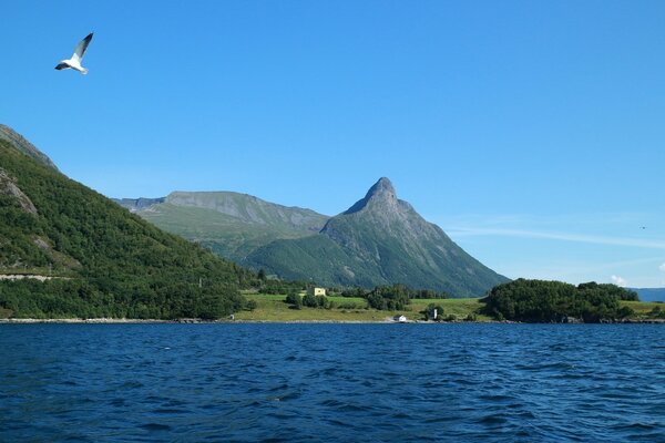 Landscape of mountains and lake shores