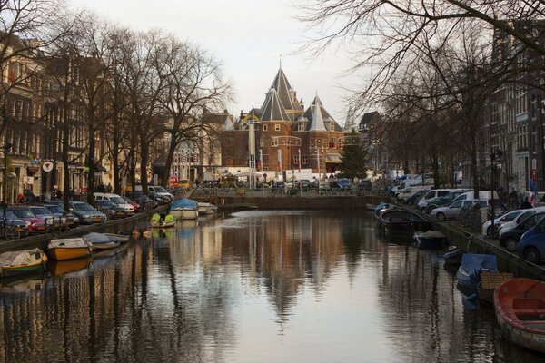 The river of the city of Europe with a castle