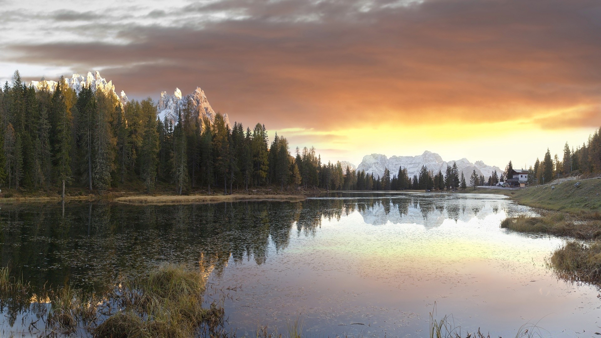 europe reflection lake dawn water sunset landscape nature outdoors tree river wood sky fall evening snow composure