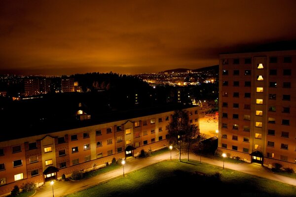 Illuminated buildings in the night city