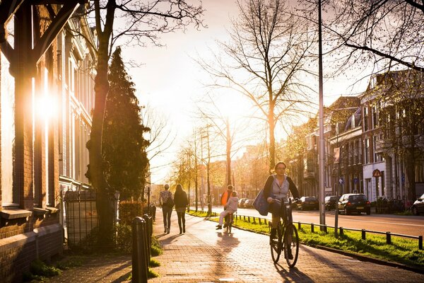 Morning comes to the city, the road is empty, there are rare passers-by on the sidewalk in the autumn rays of the sun