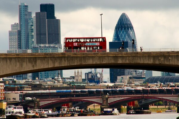 Two-storey bus on the bridge