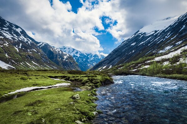 Mountain landscape with snow and stream