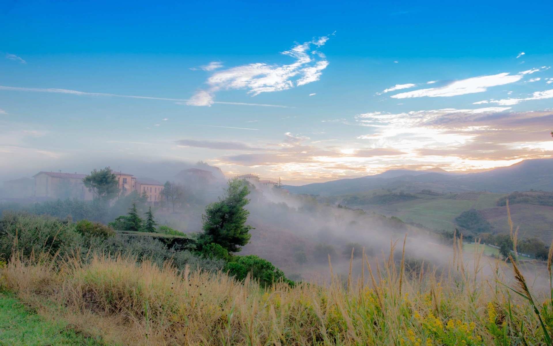 europe landscape nature sky outdoors travel fog grass dawn sunset tree summer cloud wood mist water mountain scenic