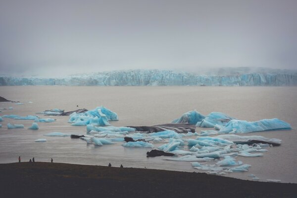 Ice floes and icebergs in the river, winter nature